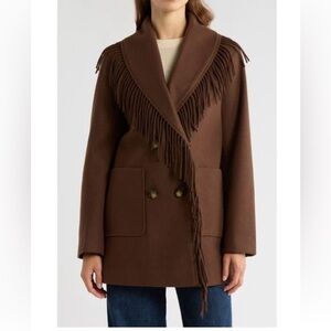 SAM EDELMAN Fringe Shawl Collar Coat Chocolate Brown XL NWT